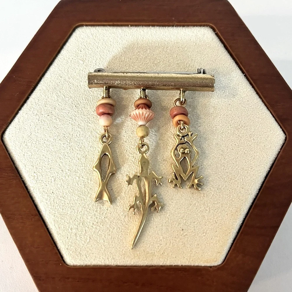 Vintage Gold Charm Brooch with Animal Pendants